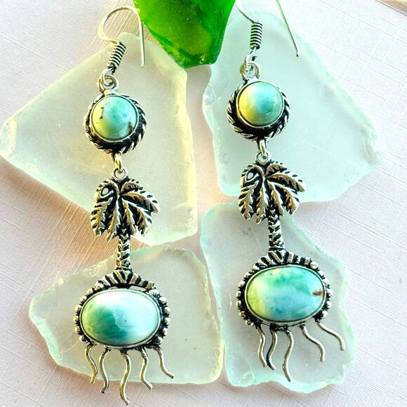 925 Silver Larimar Palm Tree Dangle Earrings - Picture 2 of 6